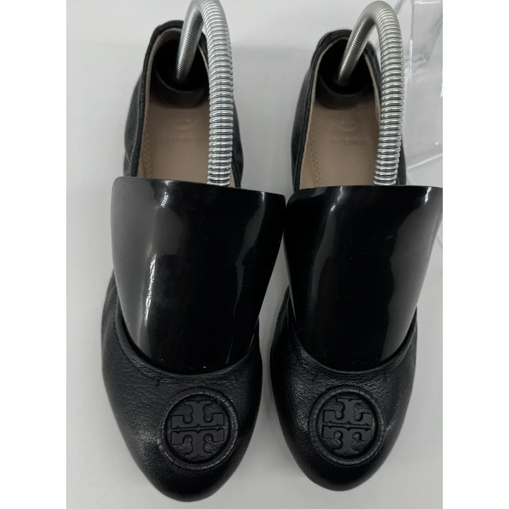 Tory Burch Reva Ballet Flats Black Leather Logo Medallion Women's 7.5 Classic